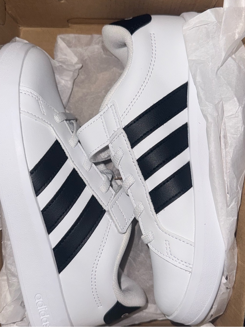Brand new- Adidas White Sneakers with Black Three-Stripes